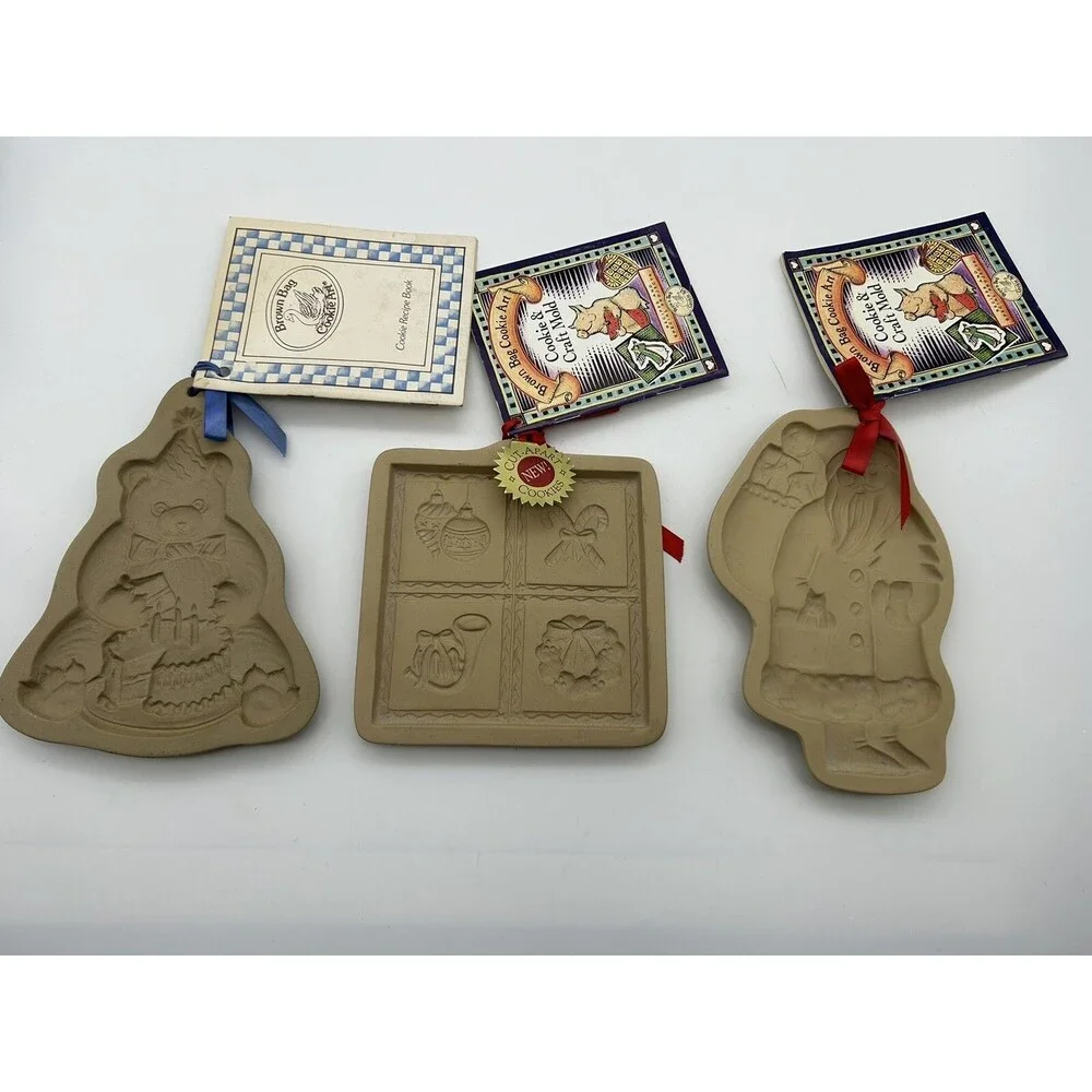 3-Brown Bag Cookie Art and Craft Molds 1983, 1989 and 1997 Christmas Molds